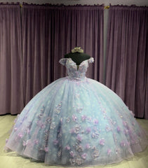 Modern & Chic Ball Gown Off Shoulder V Neck 3D Flower Applique Princess Birthday Evening Party Gown Quinceanera Dress For Sweet 16