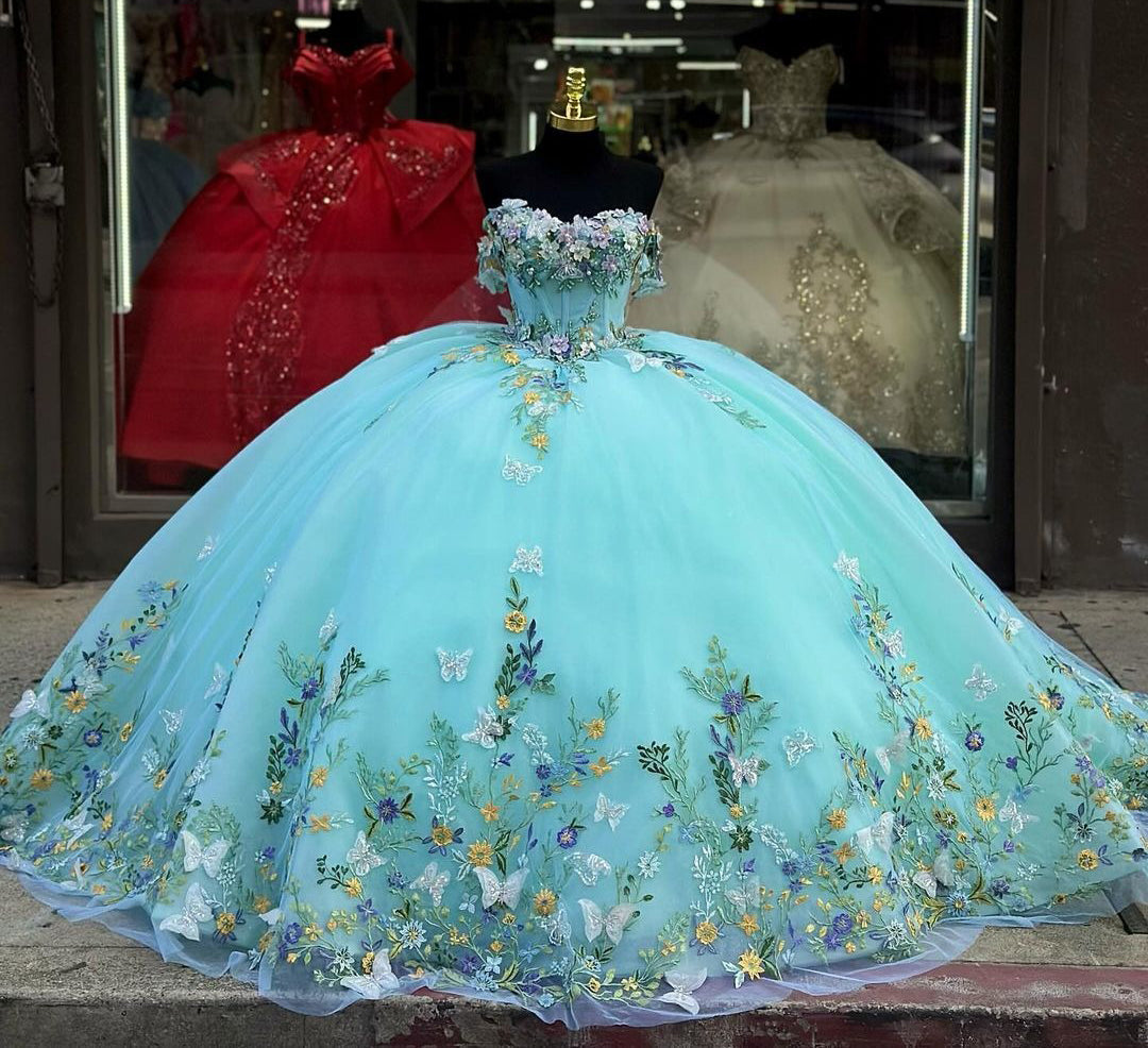 Modern & Luxury Ball Gown Off Shoulder 3D Butterfly Flowers Appliques Lake Blue Tulle Princess Quinceanera Dress Evening Party Gown For Sweet 16