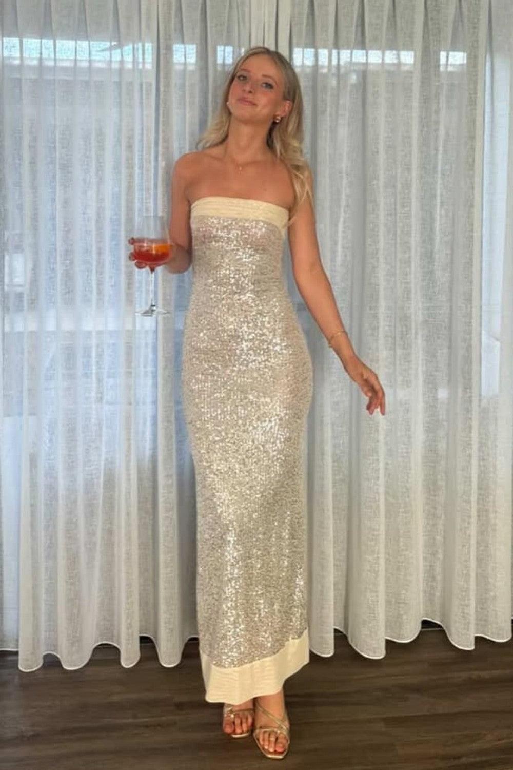 Modern Sequin Strapless Prom Gown With Minimalist Design And Glamorous Finish Formal Evening Gown