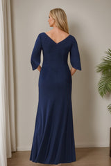 Mother of the Bride & Groom V Neck Trumpet Mermaid Dresses with Half Sleeves High Split and Beading
