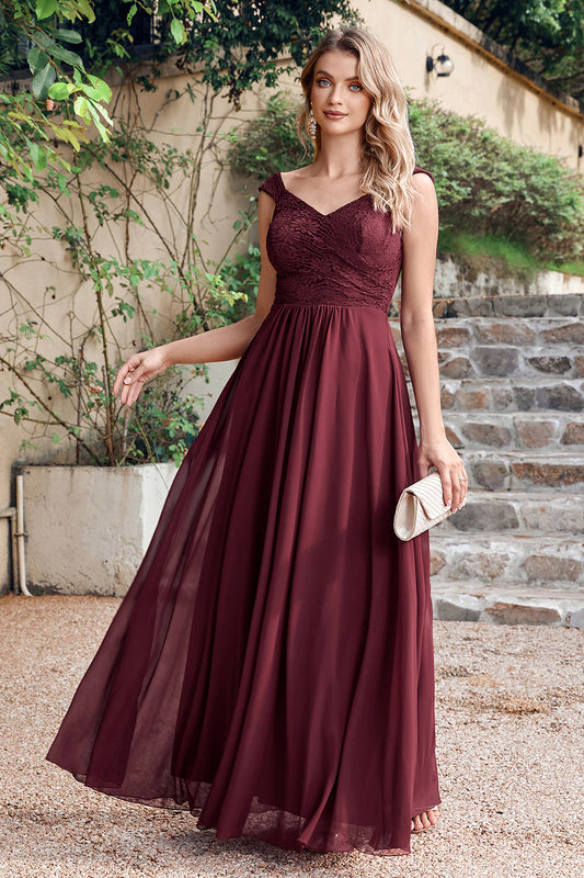 Burgundy V-Neck Lace Chiffon Bridesmaid Dress