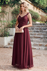 Burgundy V-Neck Lace Chiffon Bridesmaid Dress