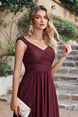 Burgundy V-Neck Lace Chiffon Bridesmaid Dress