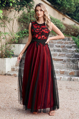 Black Red Crew Neck Lace Tulle Sleeveless Prom Dress