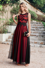 Black Red Crew Neck Lace Tulle Sleeveless Prom Dress