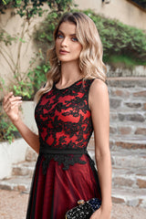 Black Red Crew Neck Lace Tulle Sleeveless Prom Dress