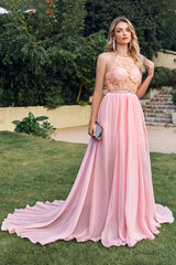 Pink Bridesmaid Dress Halter Chiffon Lace Sleeveless Prom Dress