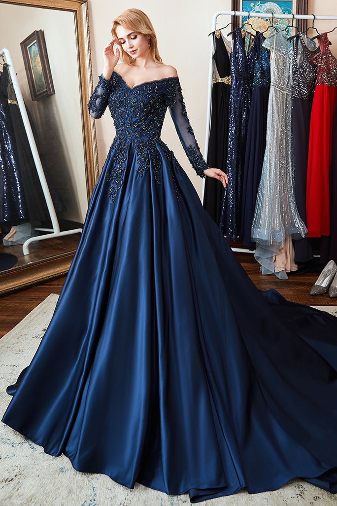 Navy A Line Prom Dress Long Sleeve Off the Shoulder Formal Dress With Lace Appliques