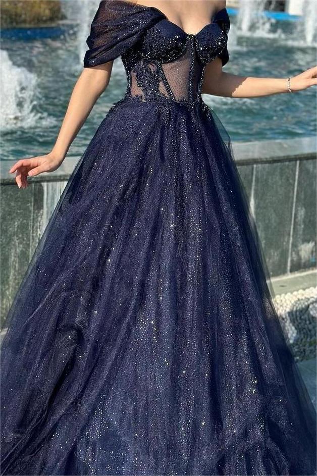 Navy A Line Prom Dress Off the Shoulder Sequined Formal Dress