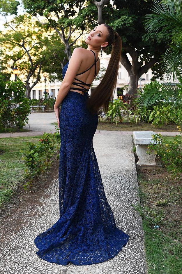 Navy Blue Lace Mermaid Evening Dress