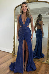 Navy Blue Mermaid Deep V Cross Back Gown With Beading And Slit Prom Dress Formal Evening Gown