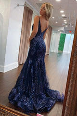 Navy Blue Mermaid Spaghetti Strap Long Sequin Prom Dress Formal Evening Gown