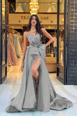 Navy Detachable Train Prom Dress Sleeveless Strapless Satin Formal Dress