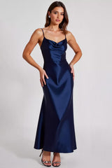 Navy Formal Dress Satin A Line Spaghetti Straps Long Wedding Guest Dress