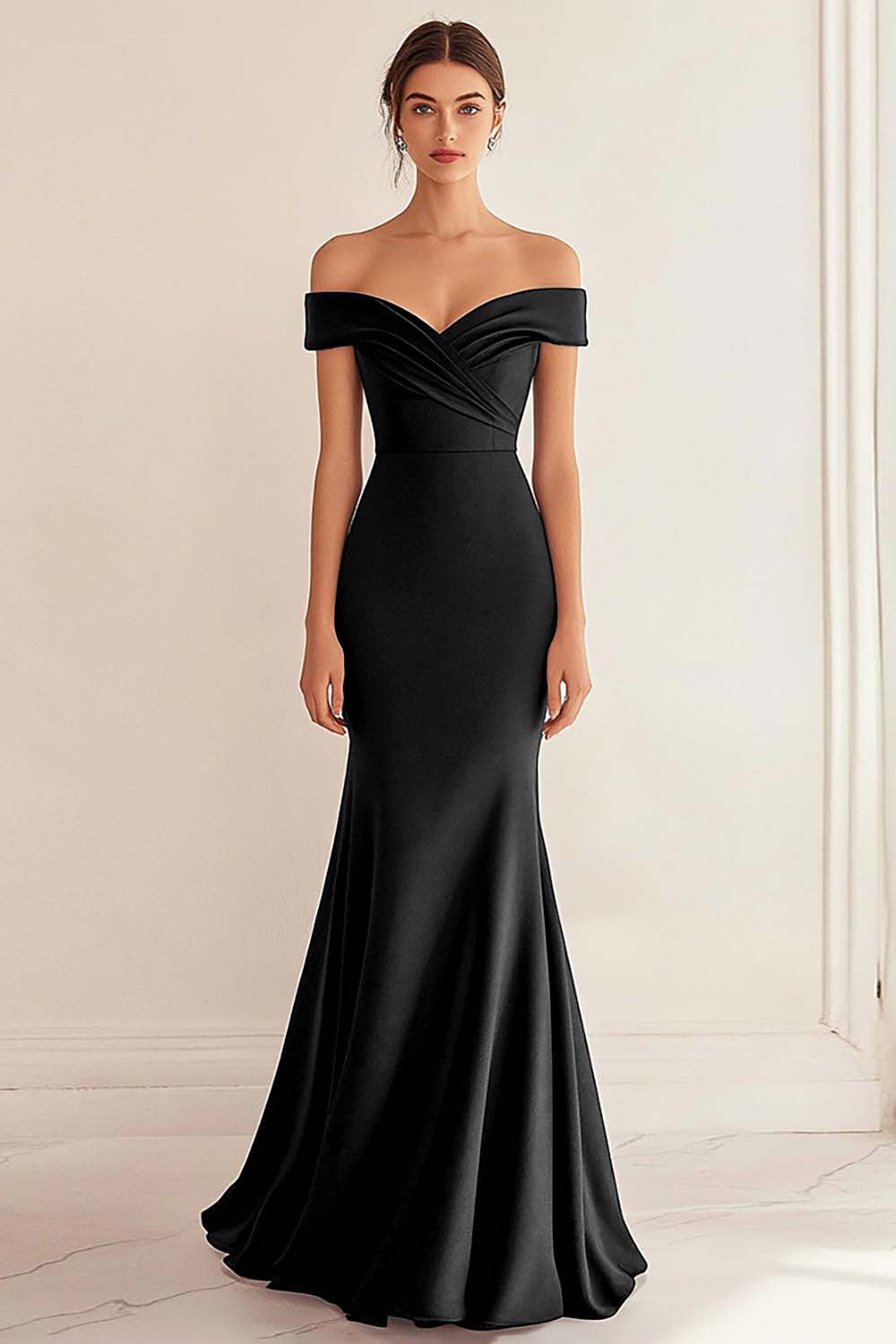 Navy Formal Dress Satin Long Off The Shoulder Mermaid Ruched Wedding Guest Dress