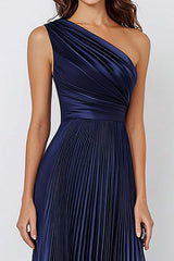 Navy Formal Dress Satin One Shoulder Long Pleated Mermaid Wedding Guest Dress