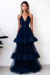 Navy Formal Dress Tulle Halter Long A Line Tiered Wedding Guest Dress With Ruffles