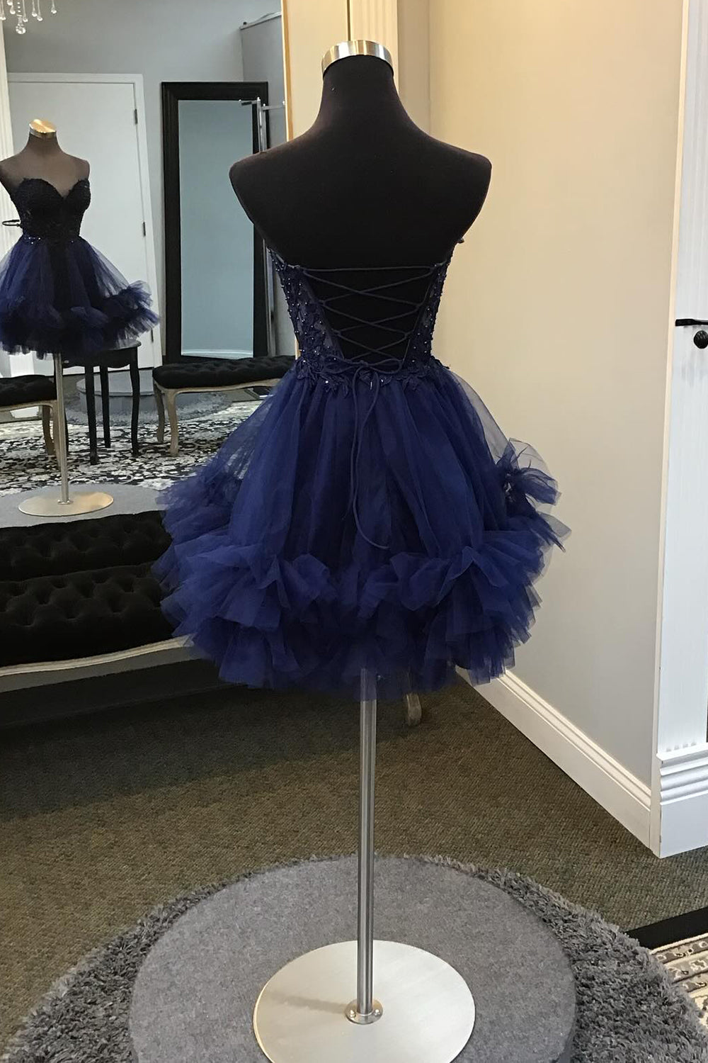 Navy Homecoming Dress Beaded A Line Short Cocktail Dresses with Appliques