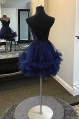 Navy Homecoming Dress Beaded A Line Short Prom Dress with Appliques