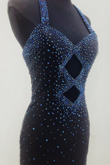 Navy Homecoming Dress Beaded Halter Tight Short Prom Dress