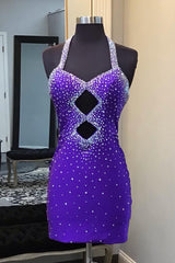 Navy Homecoming Dress Beaded Halter Tight Short Prom Dress