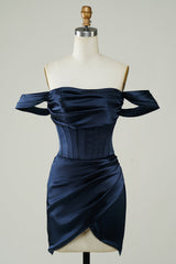 Navy Homecoming Dress Off the Shoulder Asymmetrical Tight Short Prom Dress