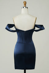 Navy Homecoming Dress Off the Shoulder Asymmetrical Tight Short Prom Dress