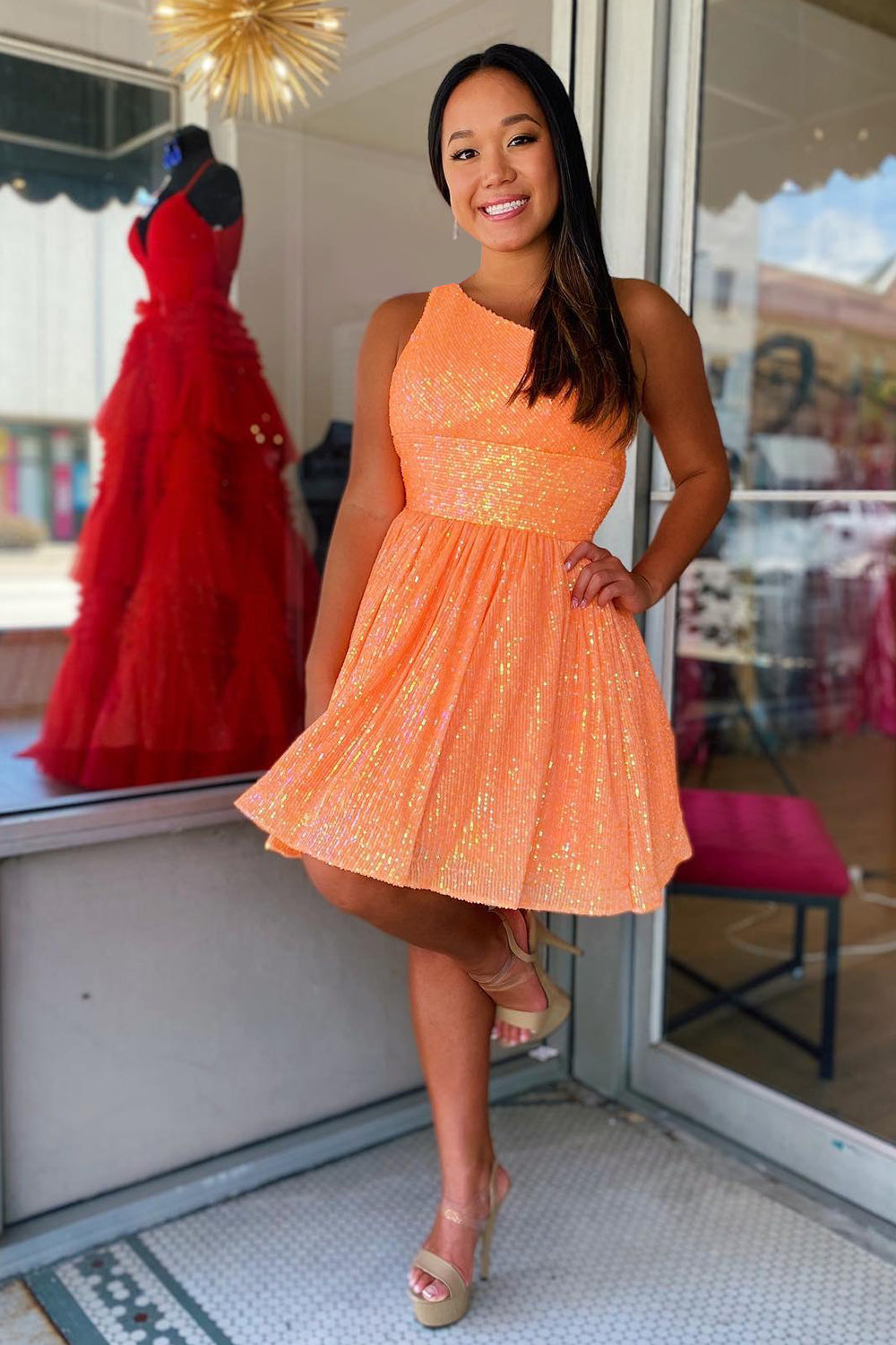Navy Homecoming Dress Sequin One Shoulder A-Line Short Cocktail Dresses