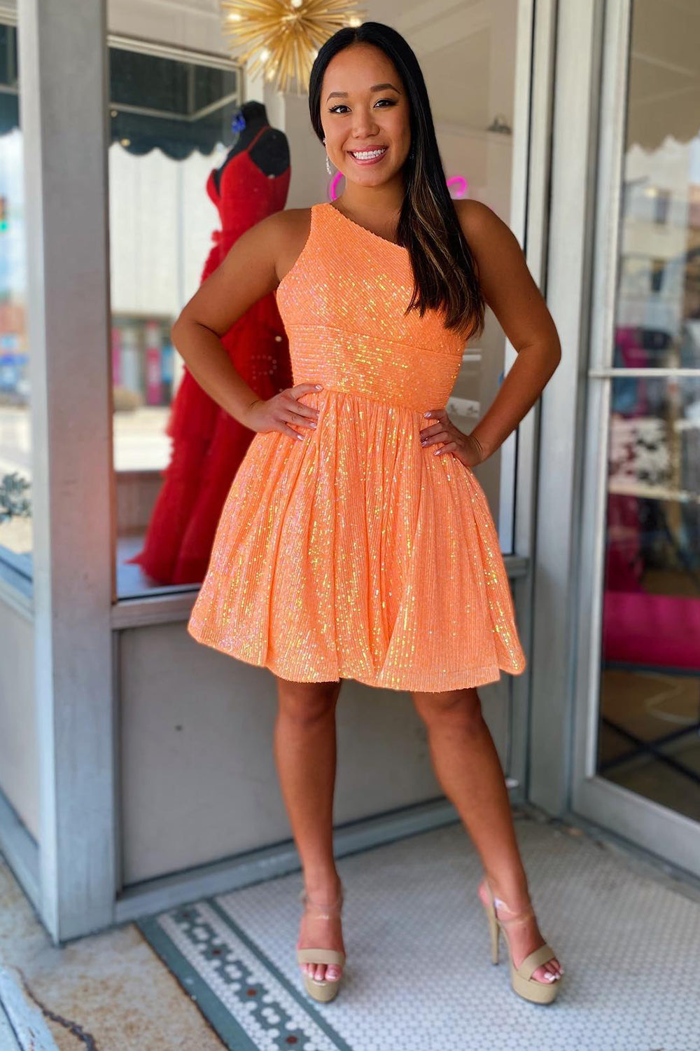 Navy Homecoming Dress Sequin One Shoulder A-Line Short Cocktail Dresses