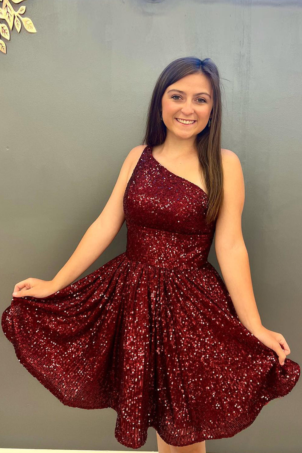 Navy Homecoming Dress Sequin One Shoulder A-Line Short Cocktail Dresses