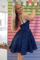 Navy Homecoming Dress Sequin One Shoulder A-Line Short Prom Dress