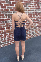 Navy Homecoming Dress Sequined Lace-Up Back Tight Short Prom Dress