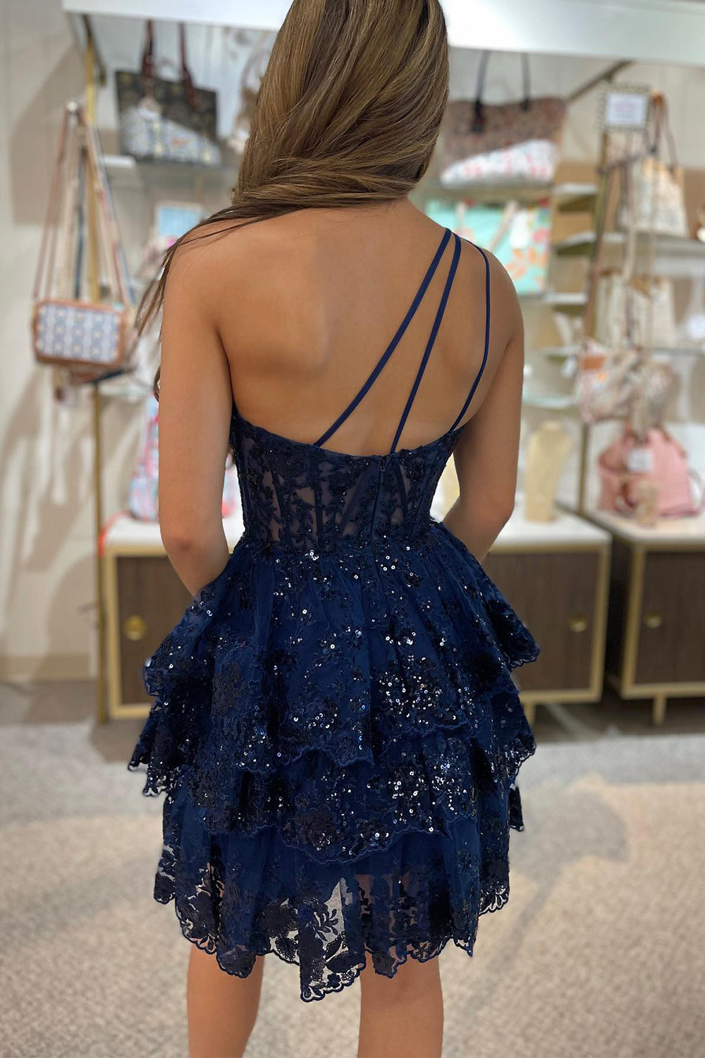 Navy Homecoming Dress Tiered Lace One Shoulder A-Line Short Cocktail Dresses