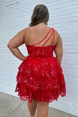 Navy Homecoming Dress Tiered Lace One Shoulder Short Prom Dress