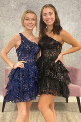 Navy Homecoming Dress Tiered Lace One Shoulder Short Prom Dress