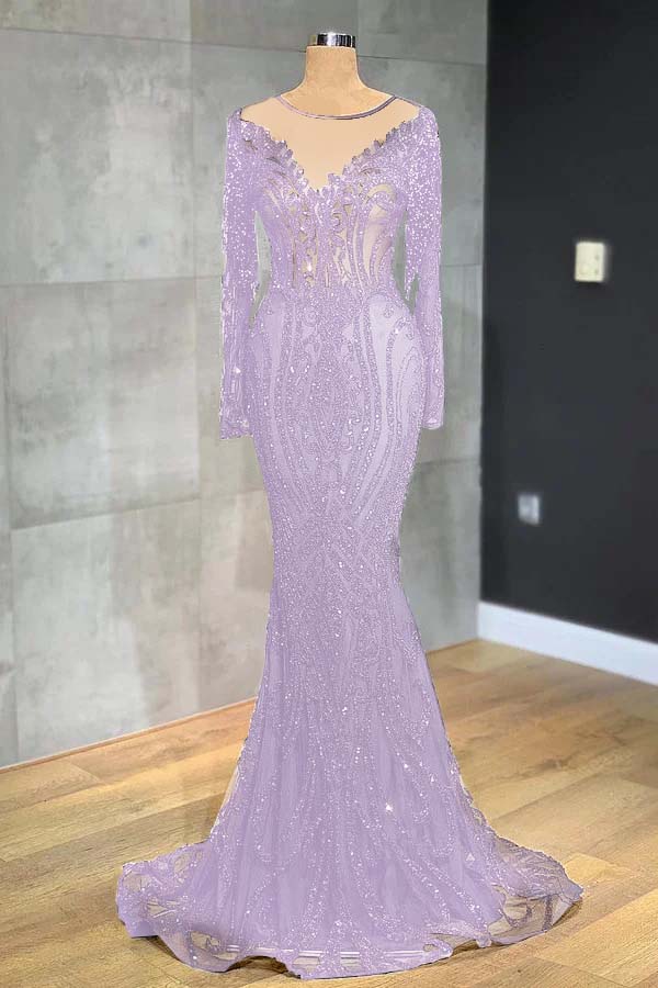 Navy Mermaid Prom Dress Long Sleeve Formal Dress With Lace Appliques