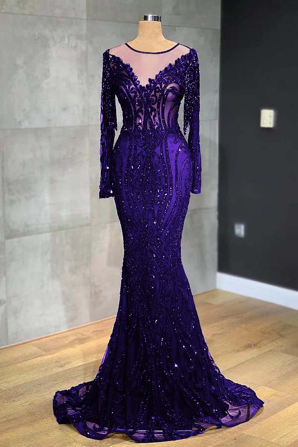 Navy Mermaid Prom Dress Long Sleeve Formal Dress With Lace Appliques