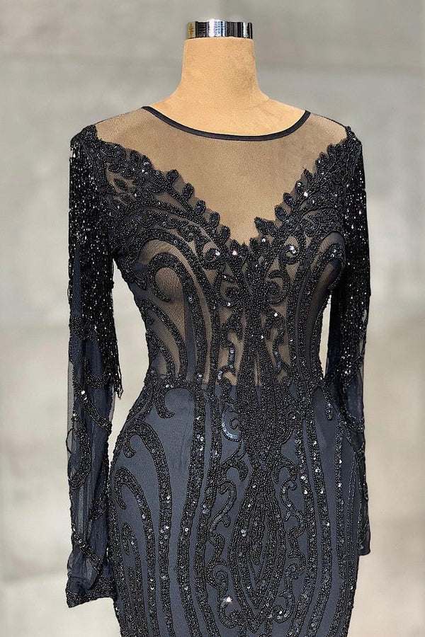 Navy Mermaid Prom Dress Long Sleeve Formal Dress With Lace Appliques