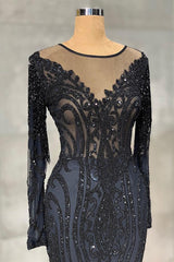 Navy Mermaid Prom Dress Long Sleeve Formal Dress With Lace Appliques