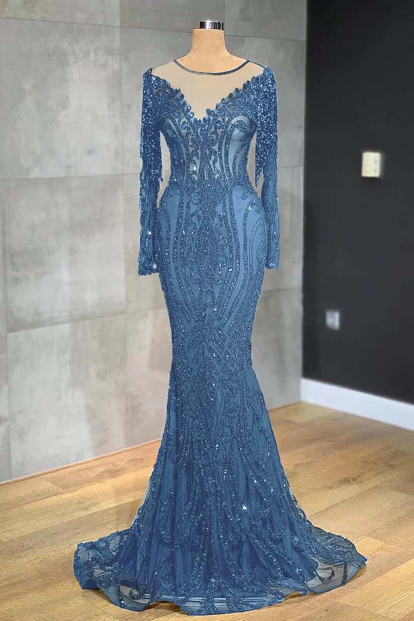 Navy Mermaid Prom Dress Long Sleeve Formal Dress With Lace Appliques