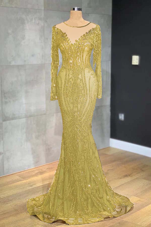 Navy Mermaid Prom Dress Long Sleeve Formal Dress With Lace Appliques