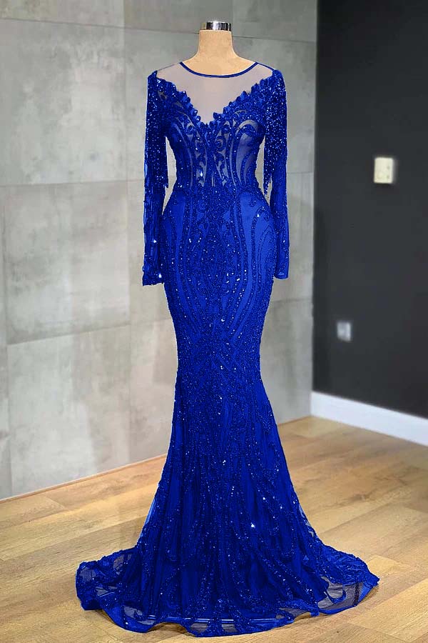 Navy Mermaid Prom Dress Long Sleeve Formal Dress With Lace Appliques