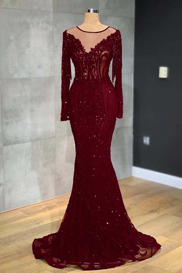 Navy Mermaid Prom Dress Long Sleeve Formal Dress With Lace Appliques