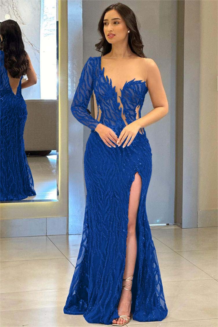 Navy Mermaid Prom Dress Long Sleeve One Shoulder Sequined Formal Dress