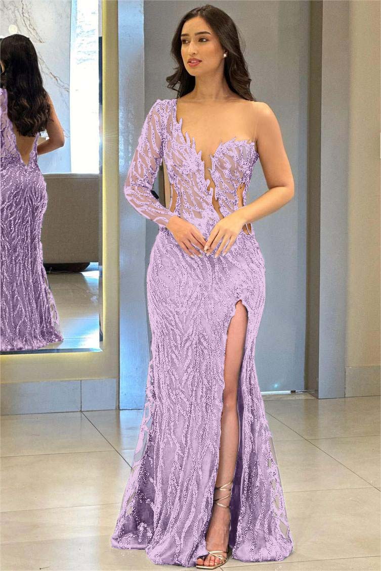 Navy Mermaid Prom Dress Long Sleeve One Shoulder Sequined Formal Dress