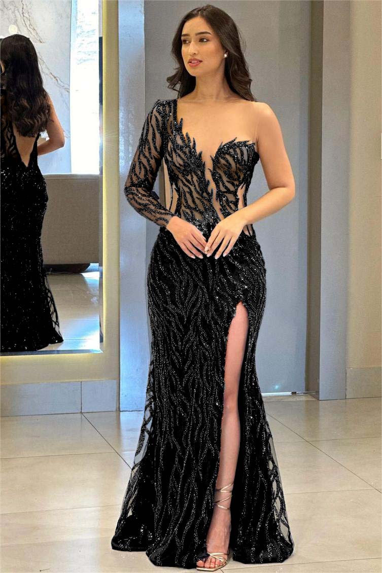 Navy Mermaid Prom Dress Long Sleeve One Shoulder Sequined Formal Dress