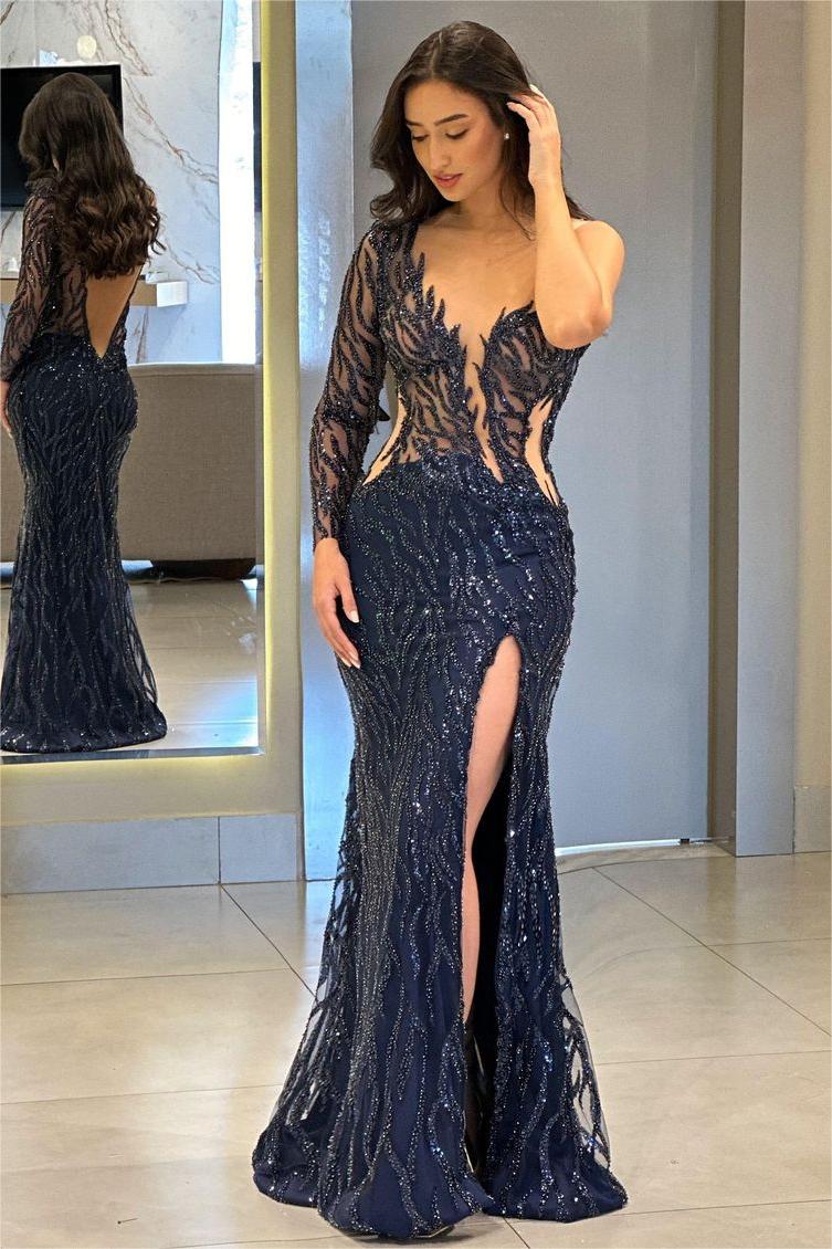 Navy Mermaid Prom Dress Long Sleeve One Shoulder Sequined Formal Dress