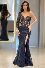 Navy Mermaid Prom Dress Long Sleeve One Shoulder Sequined Formal Dress