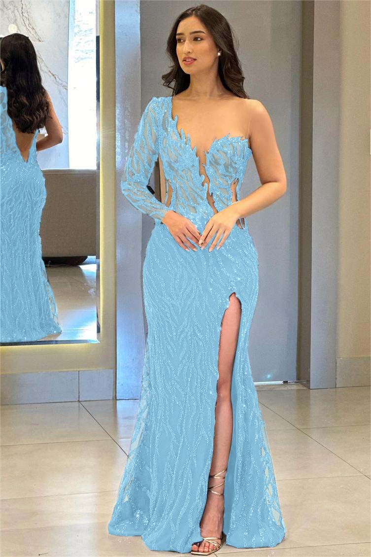 Navy Mermaid Prom Dress Long Sleeve One Shoulder Sequined Formal Dress