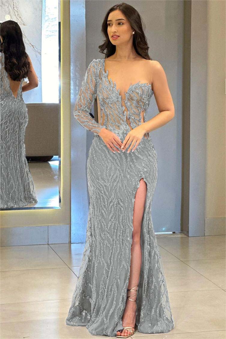 Navy Mermaid Prom Dress Long Sleeve One Shoulder Sequined Formal Dress